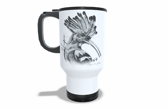 Hoopoe Stainless Steel Travel Mug front view - Hand-Drawn by Casjané du Plooy Art