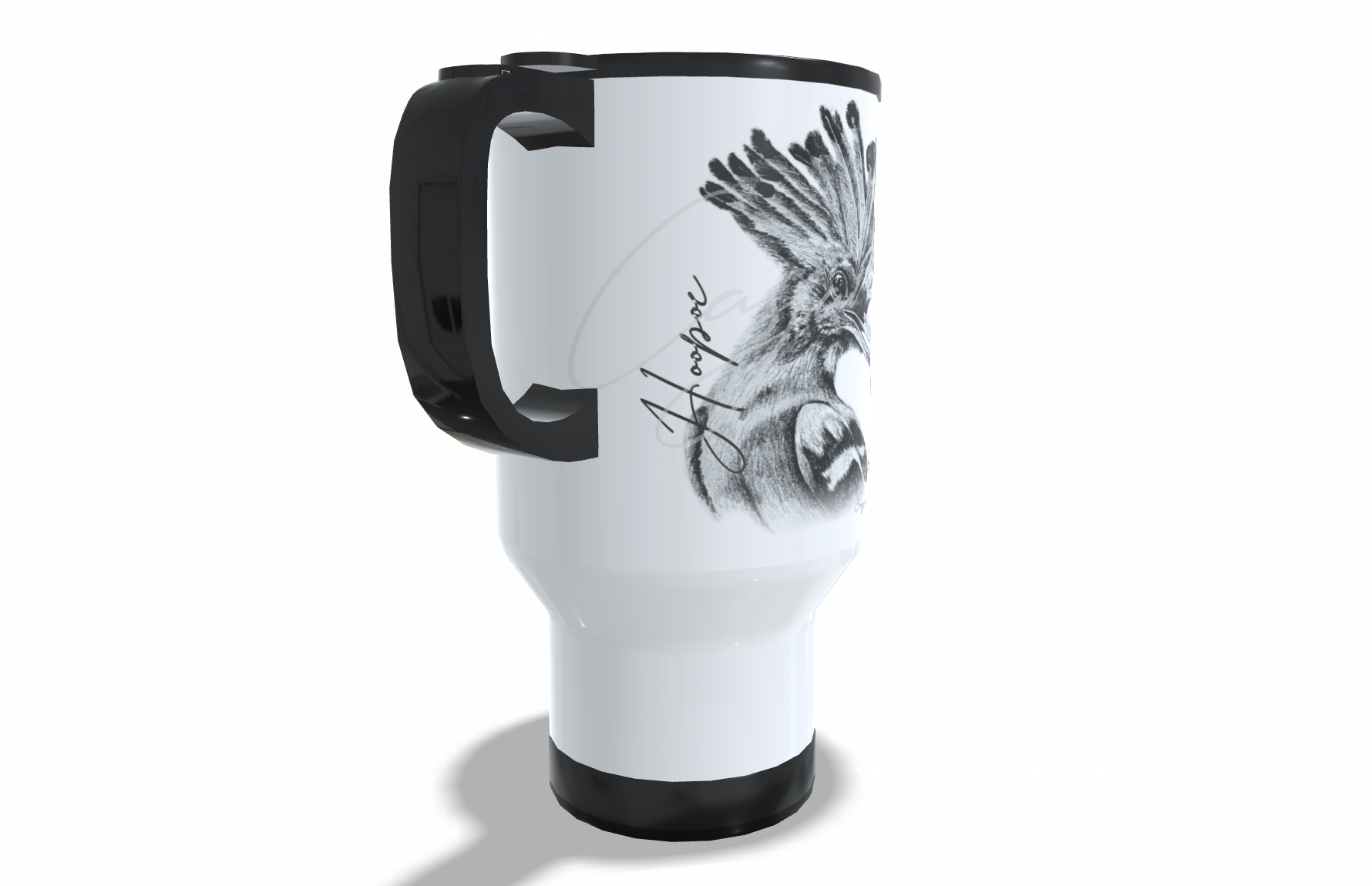 Hoopoe Stainless Steel Travel Mug left view - Hand-Drawn by Casjané du Plooy Art