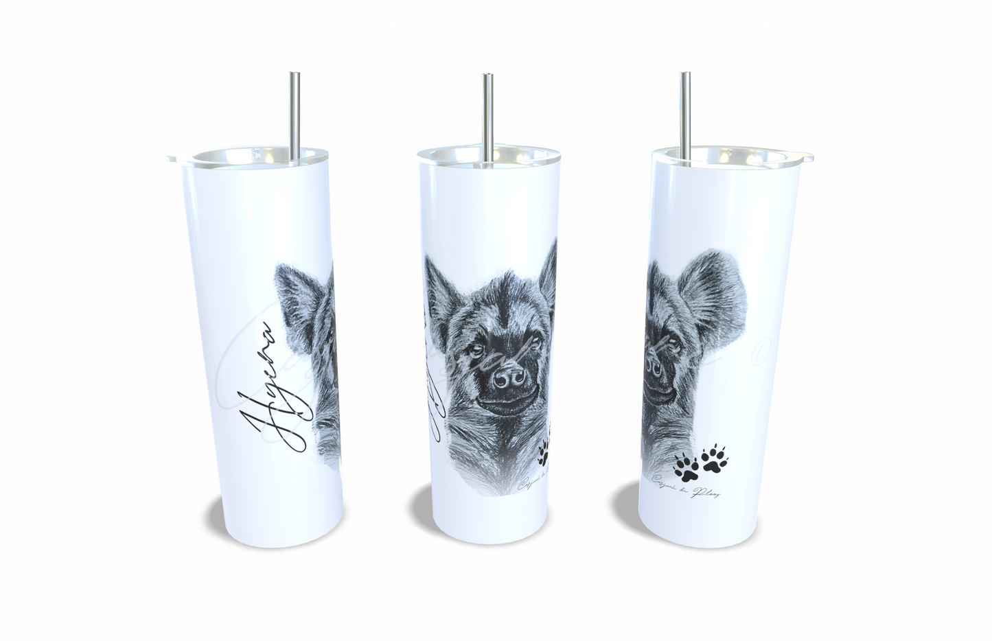 Hyena 20oz Stainless Steel Tumbler full front view hand-drawn by Casjane du plooy art