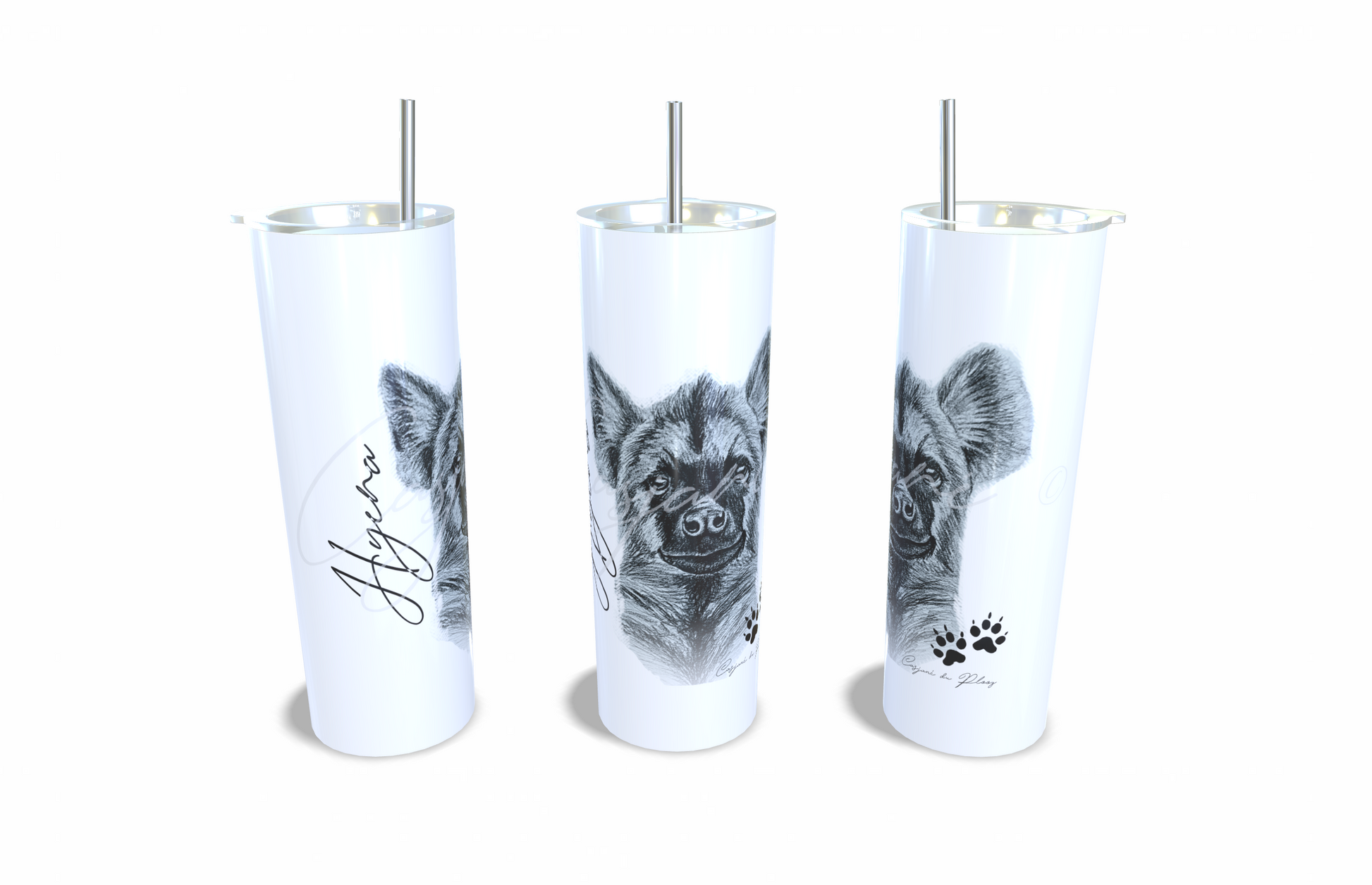 Hyena 20oz Stainless Steel Tumbler full front view hand-drawn by Casjane du plooy art