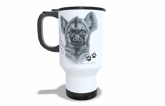 Hyena Stainless Steel Travel Mug front view - Hand-Drawn by Casjané du Plooy Art