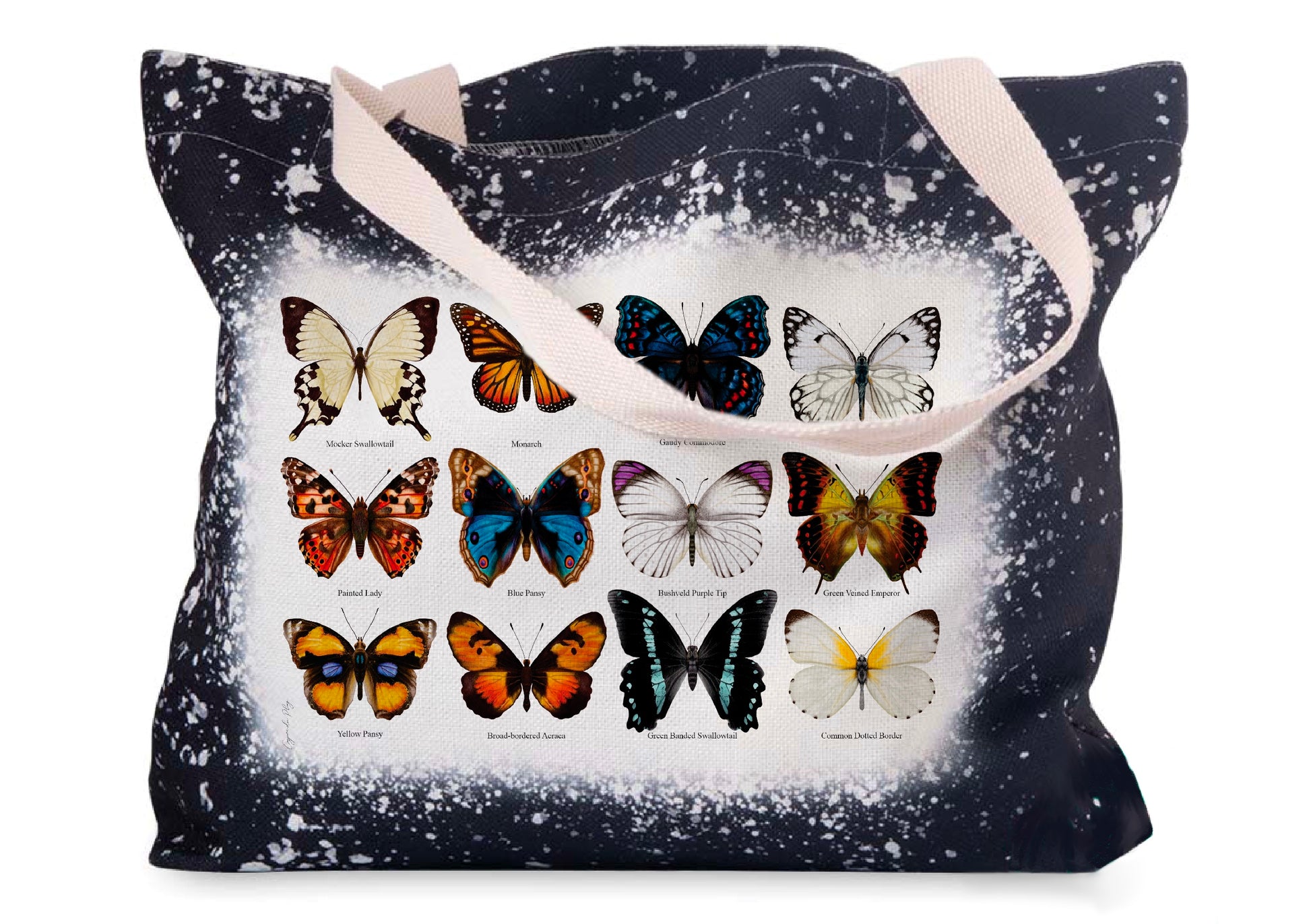 A black linen tote bag featuring hand-drawn butterfly designs on the side, with a bleached-style trim and durable handles.