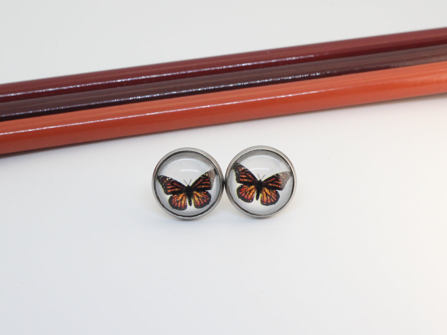 Butterfly Art Stud Earrings – Stainless Steel | Hand-Drawn Nature Jewellery