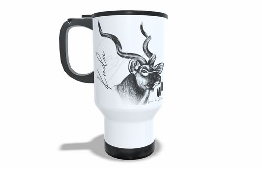 Kudu Stainless Steel Travel Mug front view - Hand-Drawn by Casjané du Plooy Art