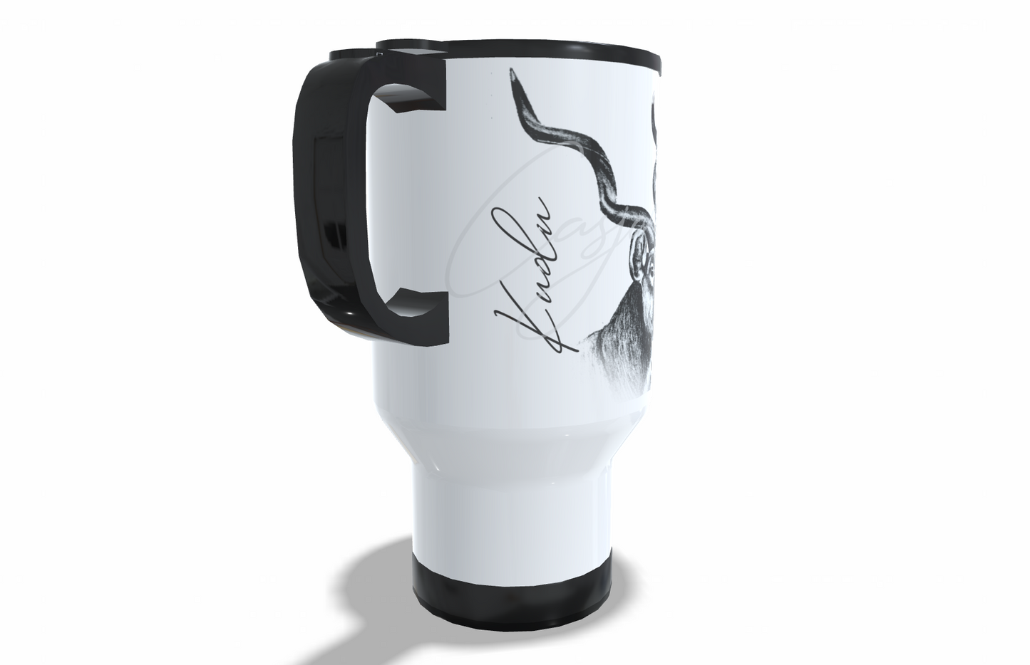 Kudu Stainless Steel Travel Mug left view - Hand-Drawn by Casjané du Plooy Art