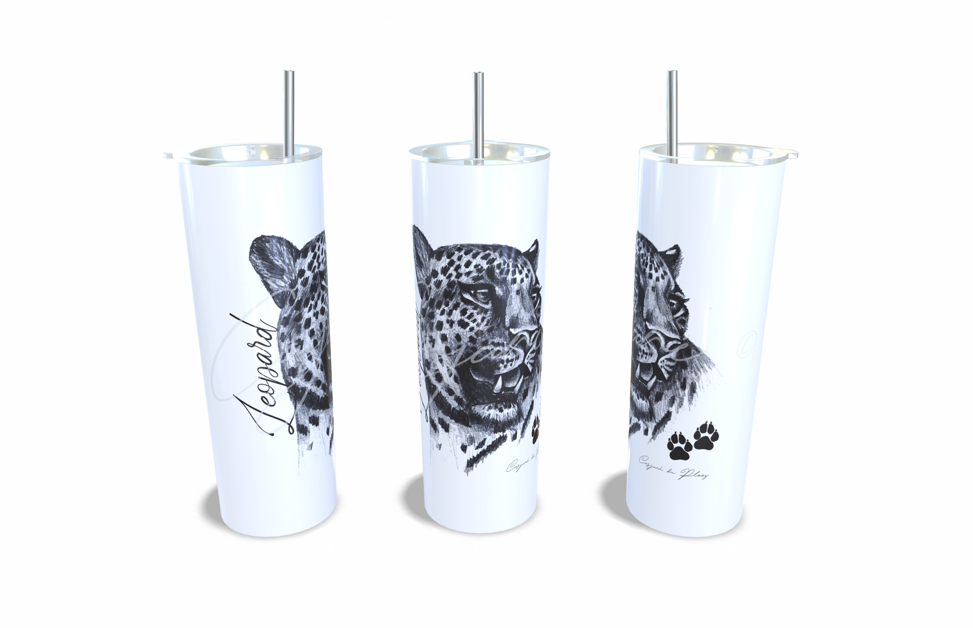 Leopard 20oz Stainless Steel Tumbler full front view hand-drawn by Casjane du plooy art
