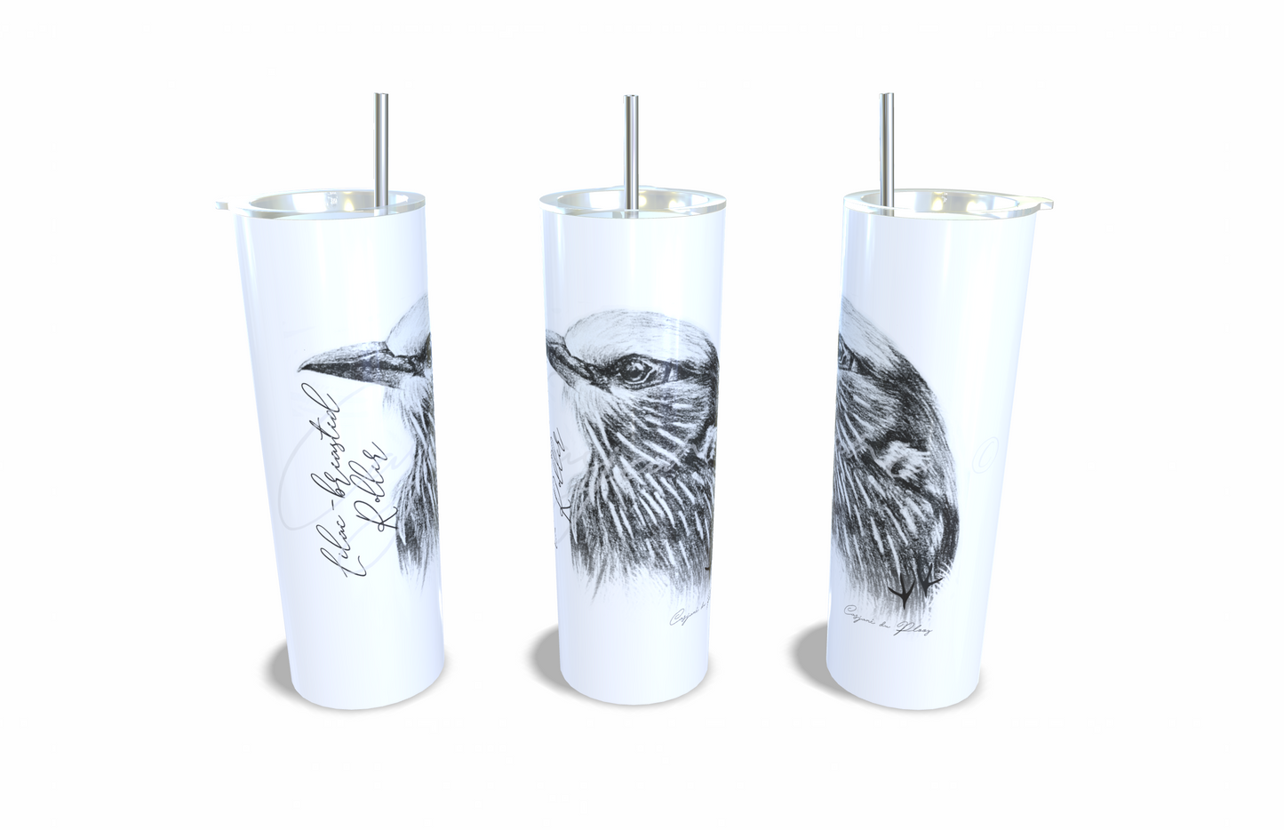 Lilac - Breasted Roller 20oz Stainless Steel Tumbler full front view hand-drawn by Casjane du plooy art