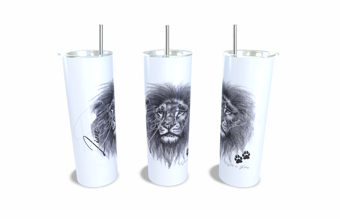 Lion 20oz Stainless Steel Tumbler full front view hand-drawn by Casjane du plooy art