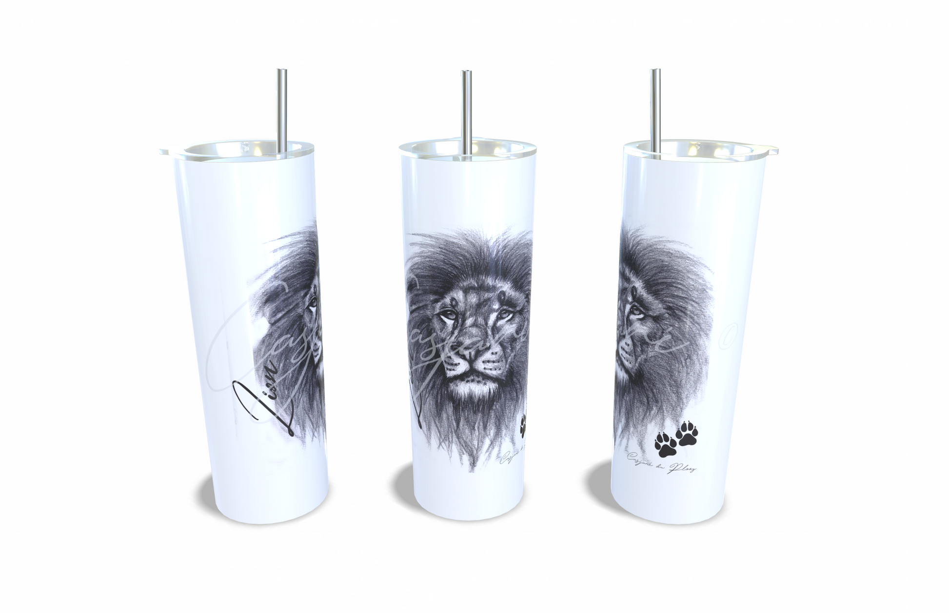 Lion 20oz Stainless Steel Tumbler full front view hand-drawn by Casjane du plooy art