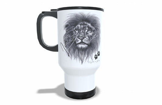 Lion Stainless Steel Travel Mug front view - Hand-Drawn by Casjané du Plooy Art