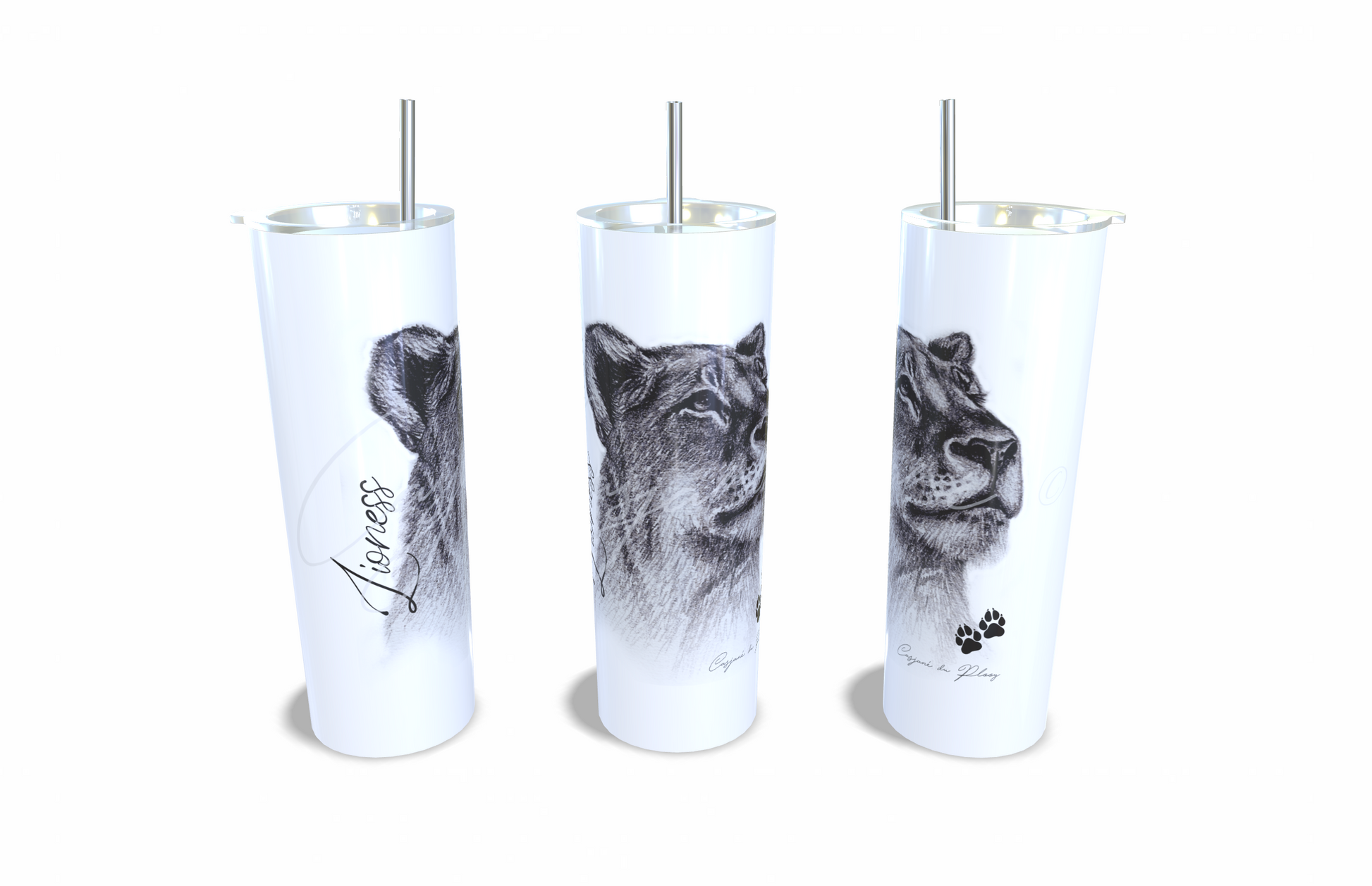 Lioness 20oz Stainless Steel Tumbler full front view hand-drawn by Casjane du plooy art