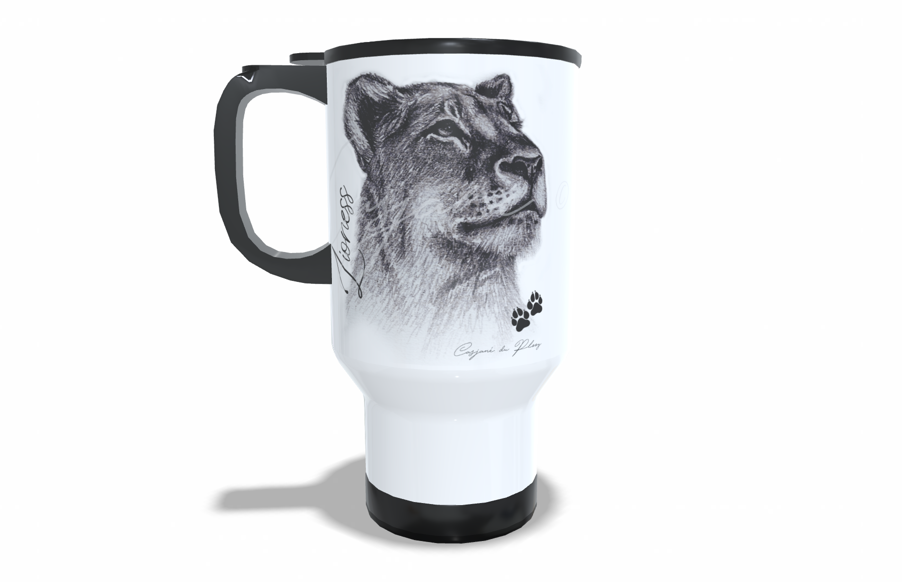 Lioness Stainless Steel Travel Mug front view - Hand-Drawn by Casjané du Plooy Art