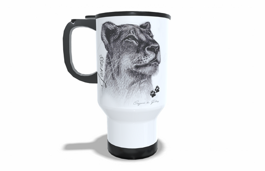 Lioness Stainless Steel Travel Mug front view - Hand-Drawn by Casjané du Plooy Art