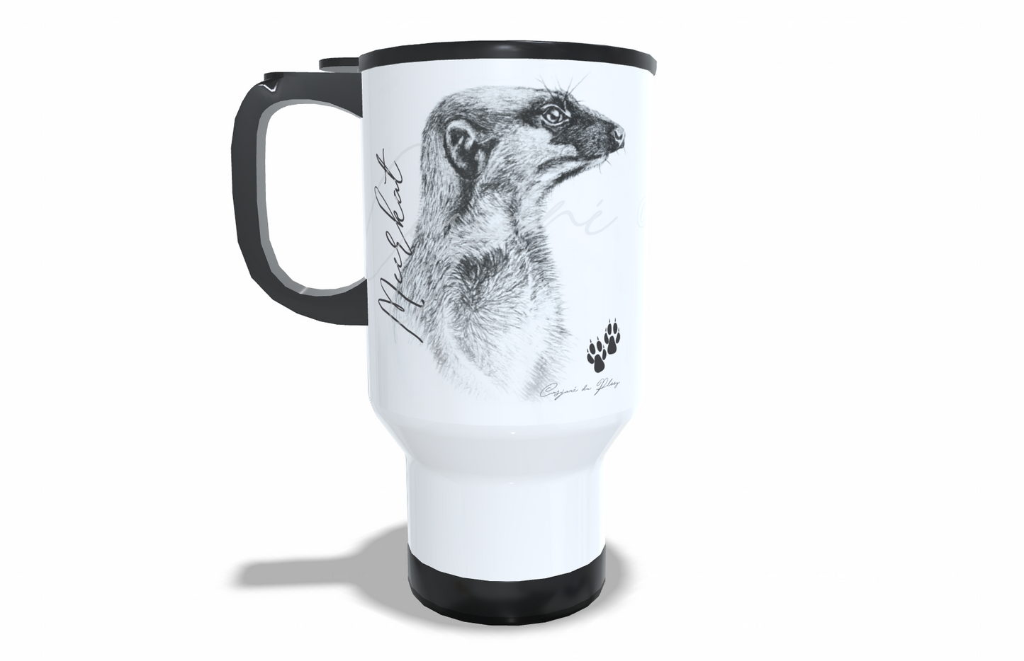 Meerkat Stainless Steel Travel Mug front view - Hand-Drawn by Casjané du Plooy Art