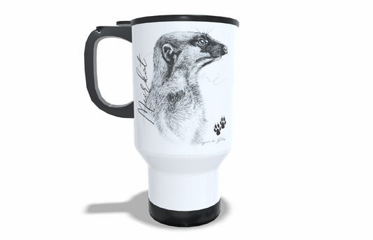 Meerkat Stainless Steel Travel Mug front view - Hand-Drawn by Casjané du Plooy Art