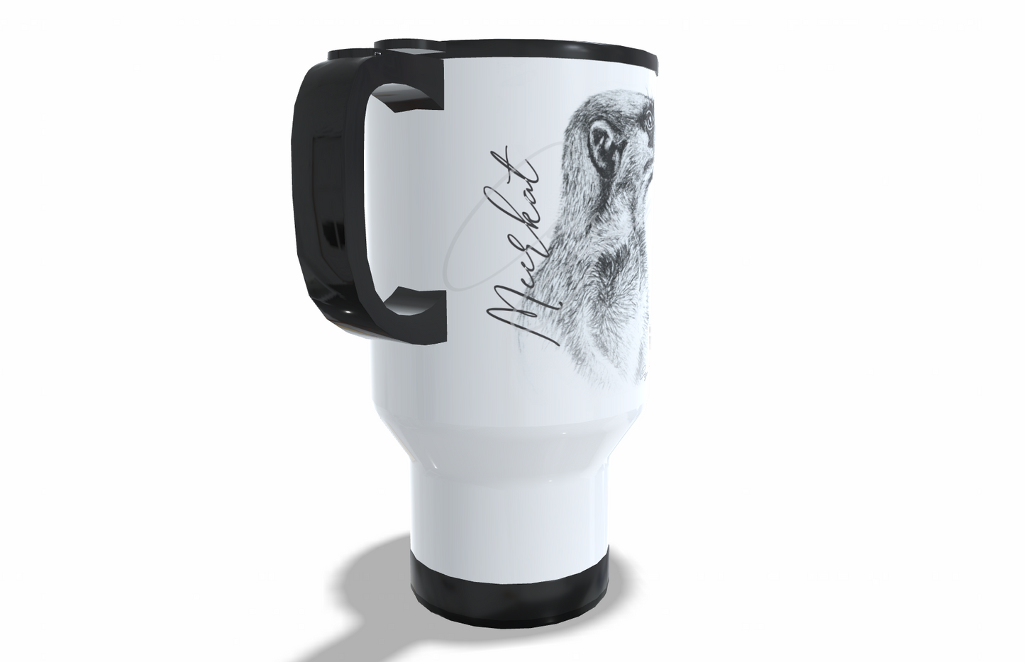Meerkat Stainless Steel Travel Mug left view - Hand-Drawn by Casjané du Plooy Art