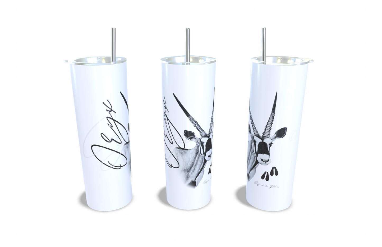 Oryx 20oz Stainless Steel Tumbler full front view hand-drawn by Casjane du plooy art