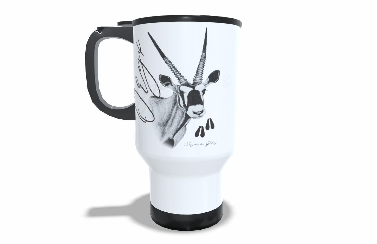 Oryx Stainless Steel Travel Mug front view - Hand-Drawn by Casjané du Plooy Art