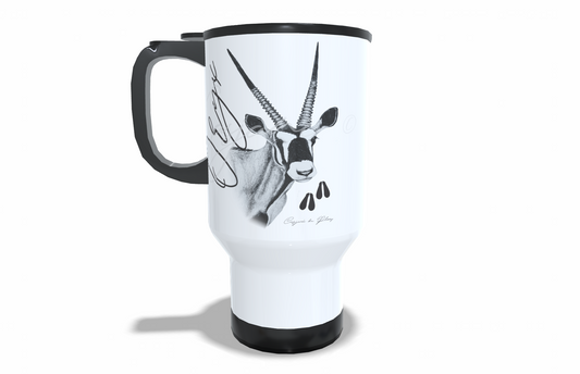 Oryx Stainless Steel Travel Mug front view - Hand-Drawn by Casjané du Plooy Art