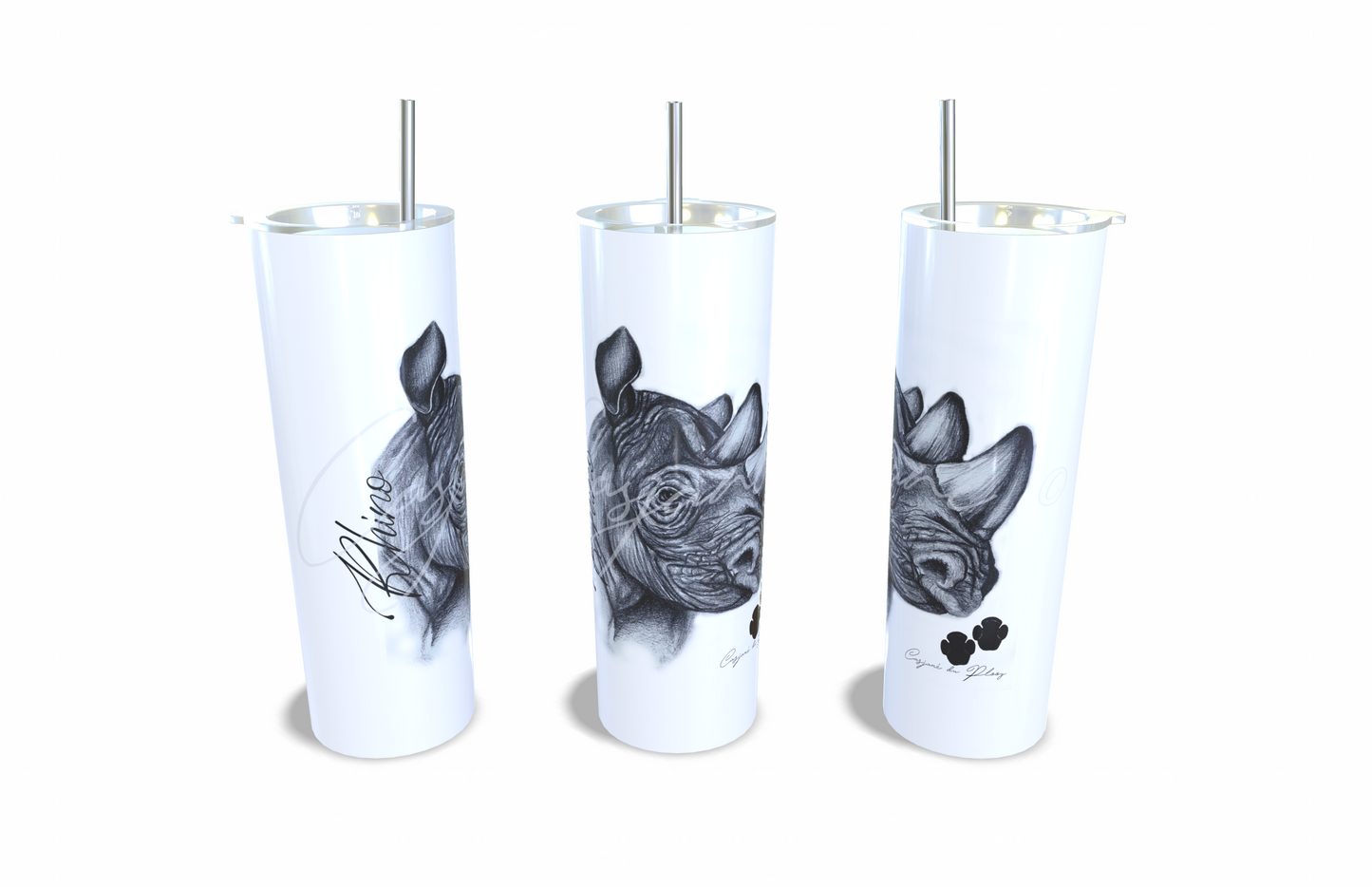 Rhino 20oz Stainless Steel Tumbler full front view hand-drawn by Casjane du plooy art