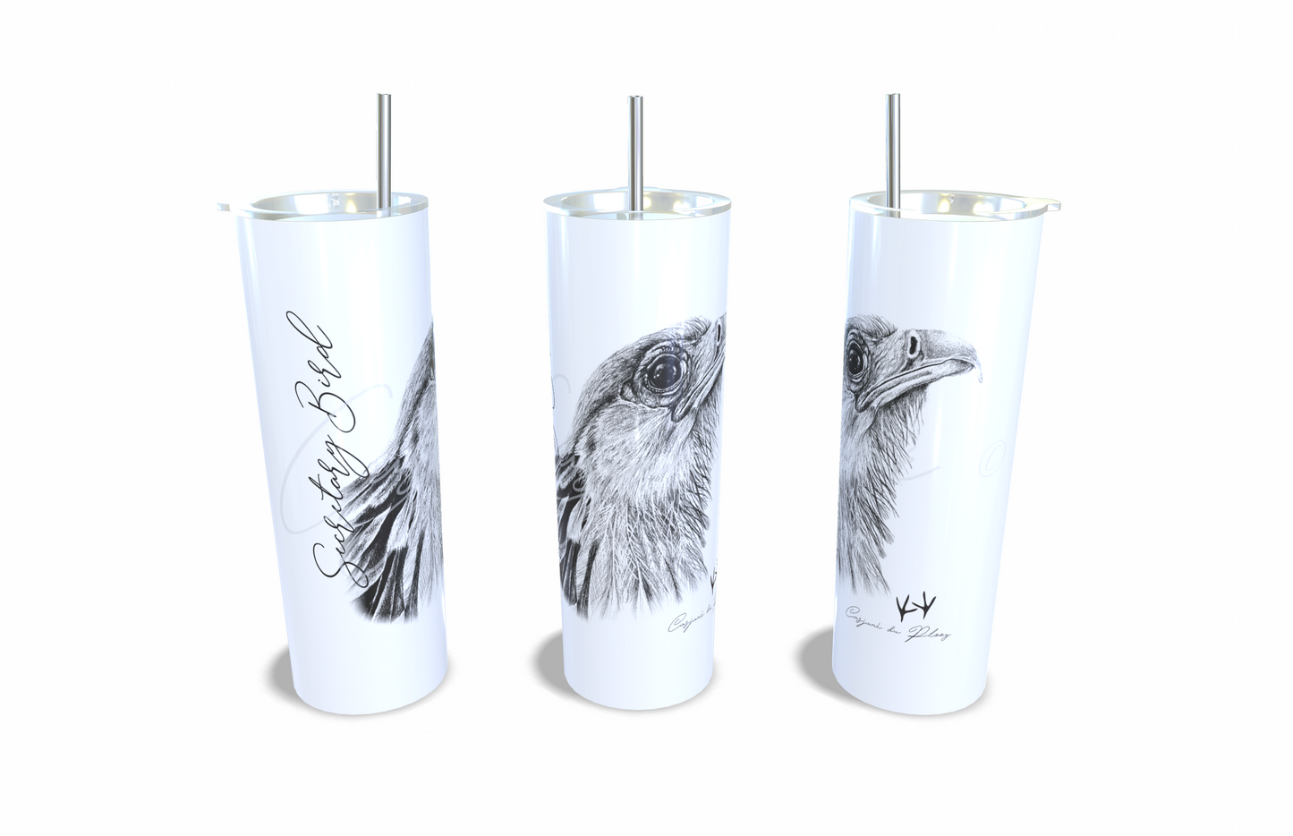 Secretary bird 20oz Stainless Steel Tumbler full front view hand-drawn by Casjane du plooy art