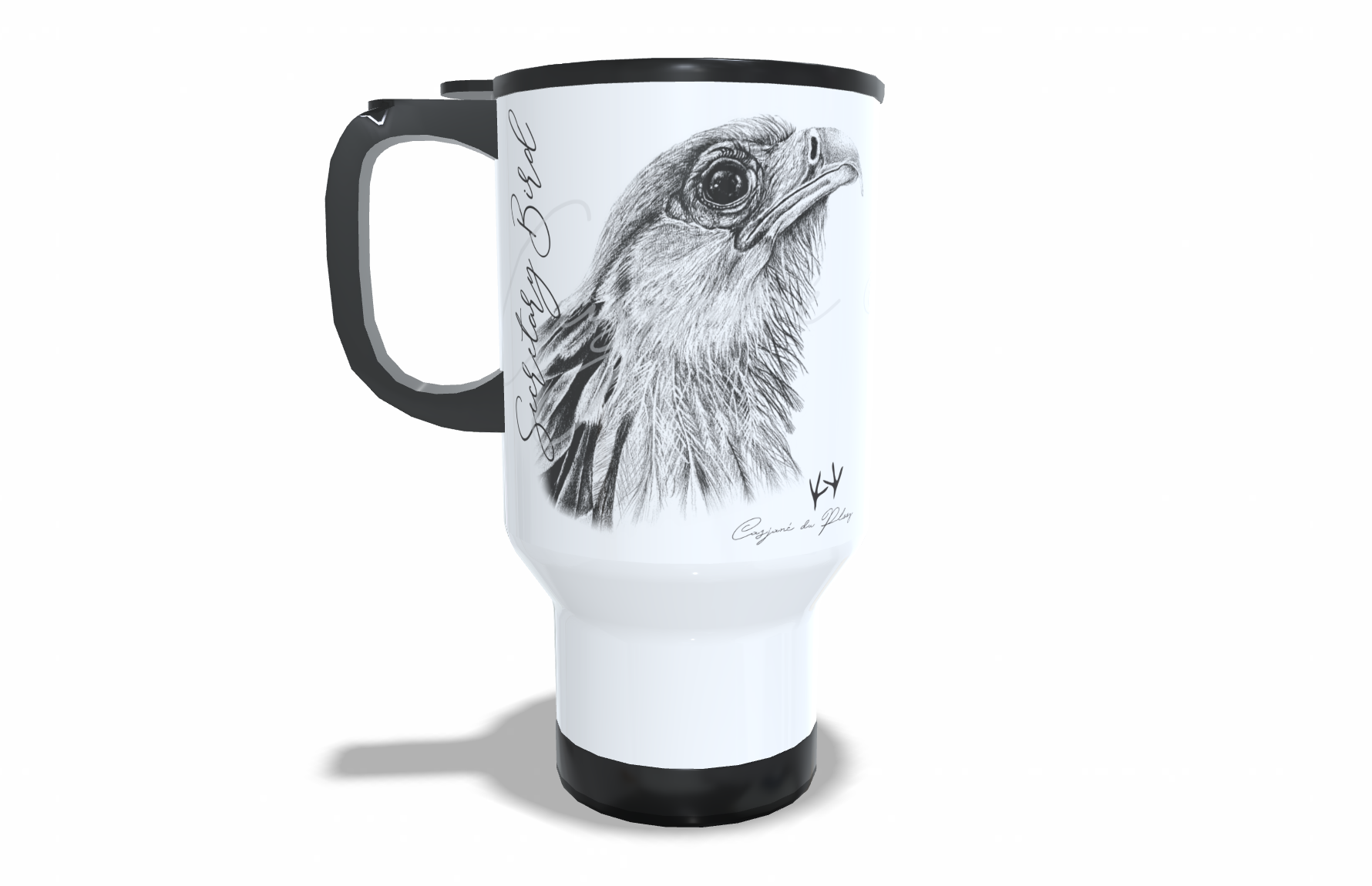Secretary Bird Stainless Steel Travel Mug front view - Hand-Drawn by Casjané du Plooy Art