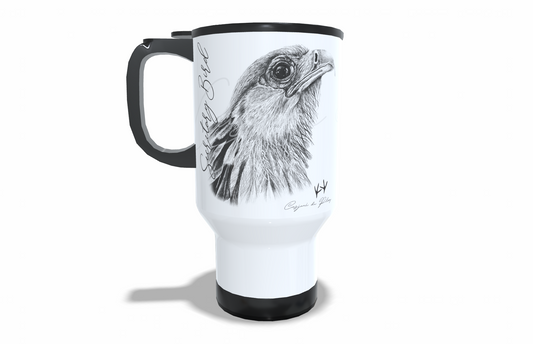 Secretary Bird Stainless Steel Travel Mug front view - Hand-Drawn by Casjané du Plooy Art