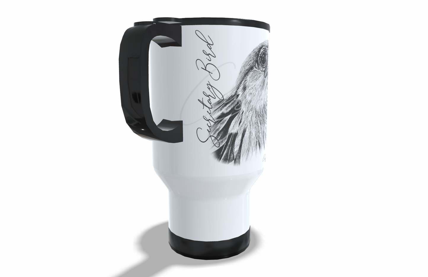 Secretary Bird Stainless Steel Travel Mug left view - Hand-Drawn by Casjané du Plooy Art