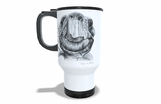 Tortoise Stainless Steel Travel Mug front view - Hand-Drawn by Casjané du Plooy Art