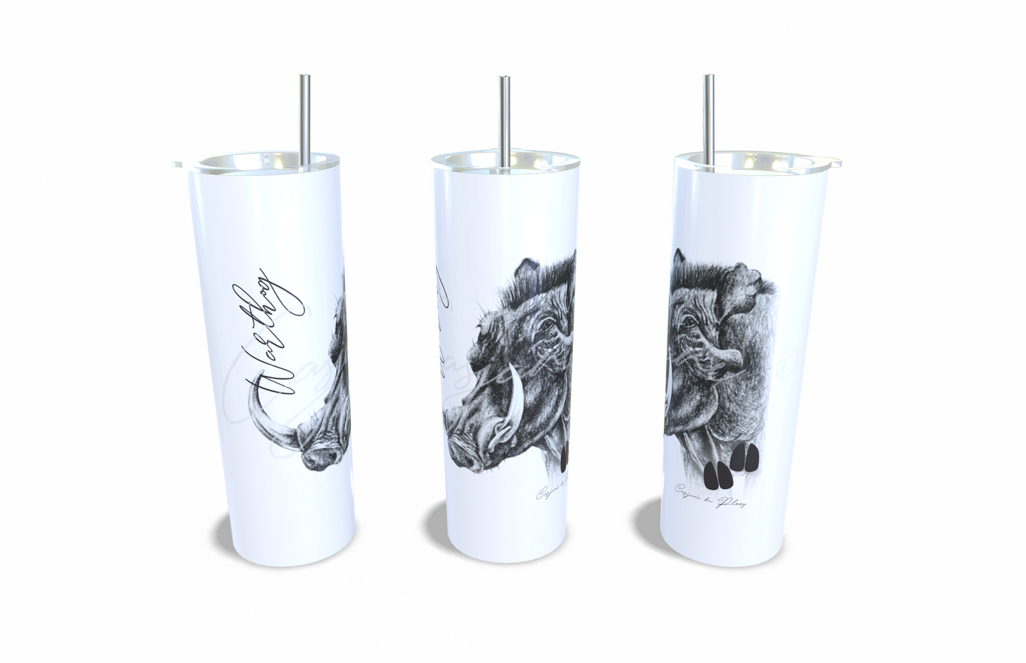 Warthog 20oz Stainless Steel Tumbler full front view hand-drawn by Casjane du plooy art