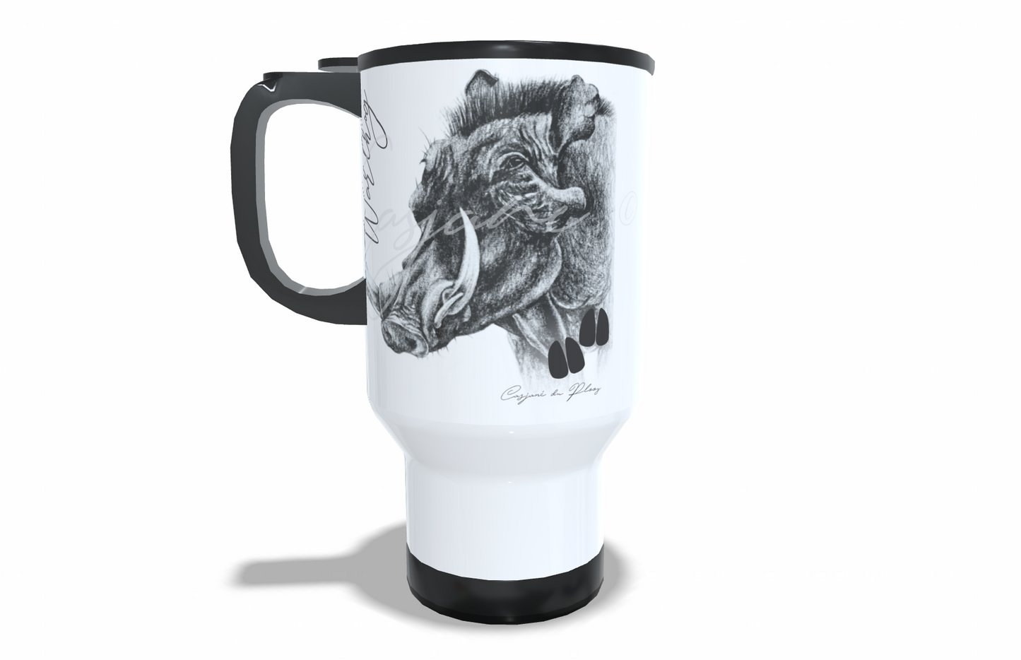 Warthog Stainless Steel Travel Mug front view - Hand-Drawn by Casjané du Plooy Art