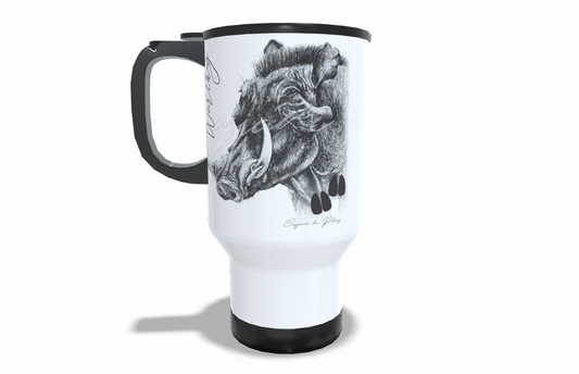 Warthog Stainless Steel Travel Mug front view - Hand-Drawn by Casjané du Plooy Art