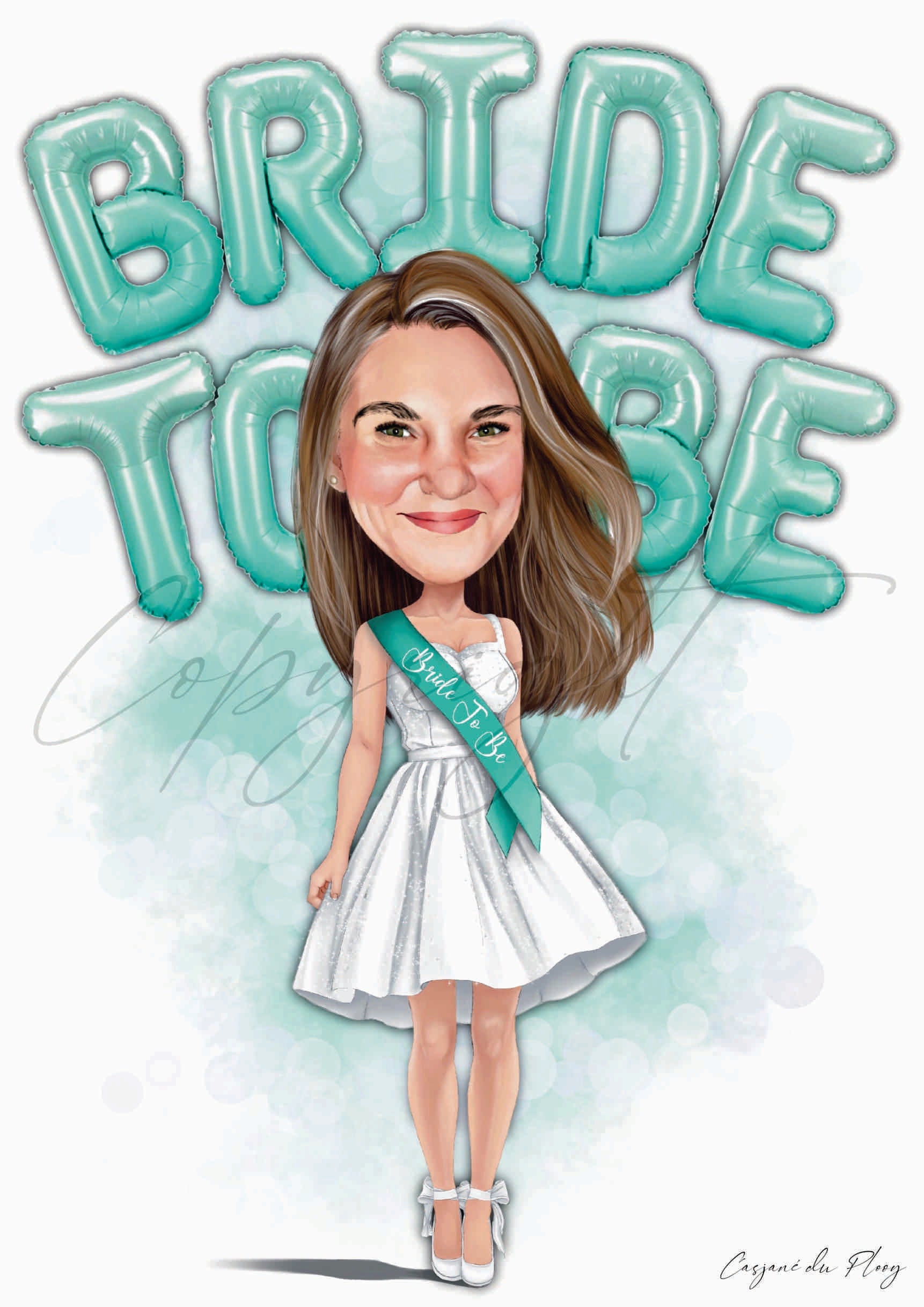 Wedding Bachelorette A3 hand-drawn Custom Head Added to wedding Body caricature Color turquoise Digital File hand drawn by Casjané du plooy art