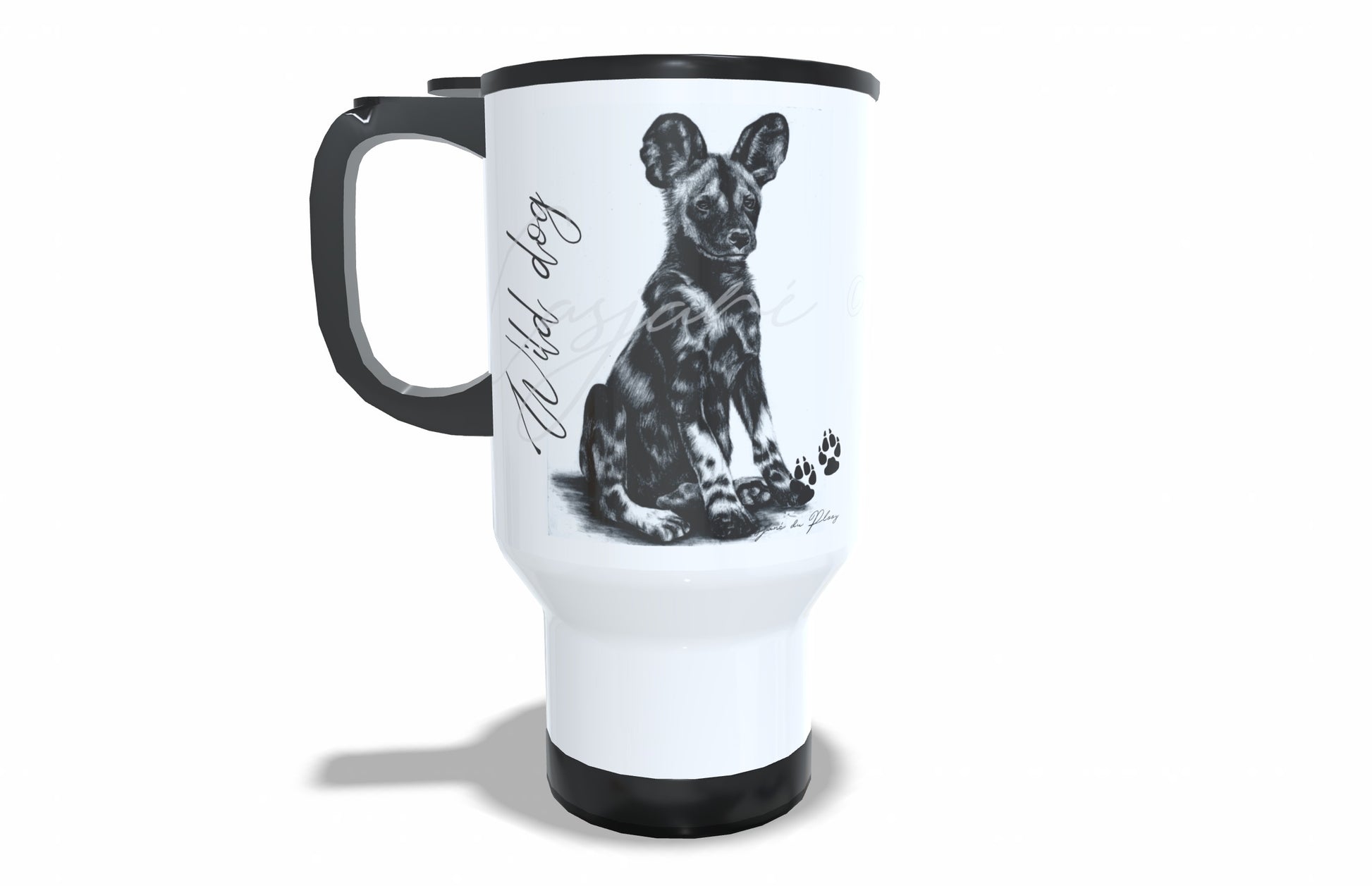 Wild Dog Stainless Steel Travel Mug front view - Hand-Drawn by Casjané du Plooy Art