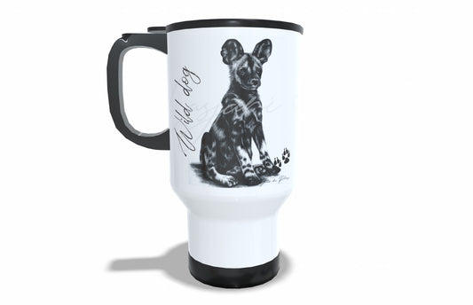 Wild Dog Stainless Steel Travel Mug front view - Hand-Drawn by Casjané du Plooy Art