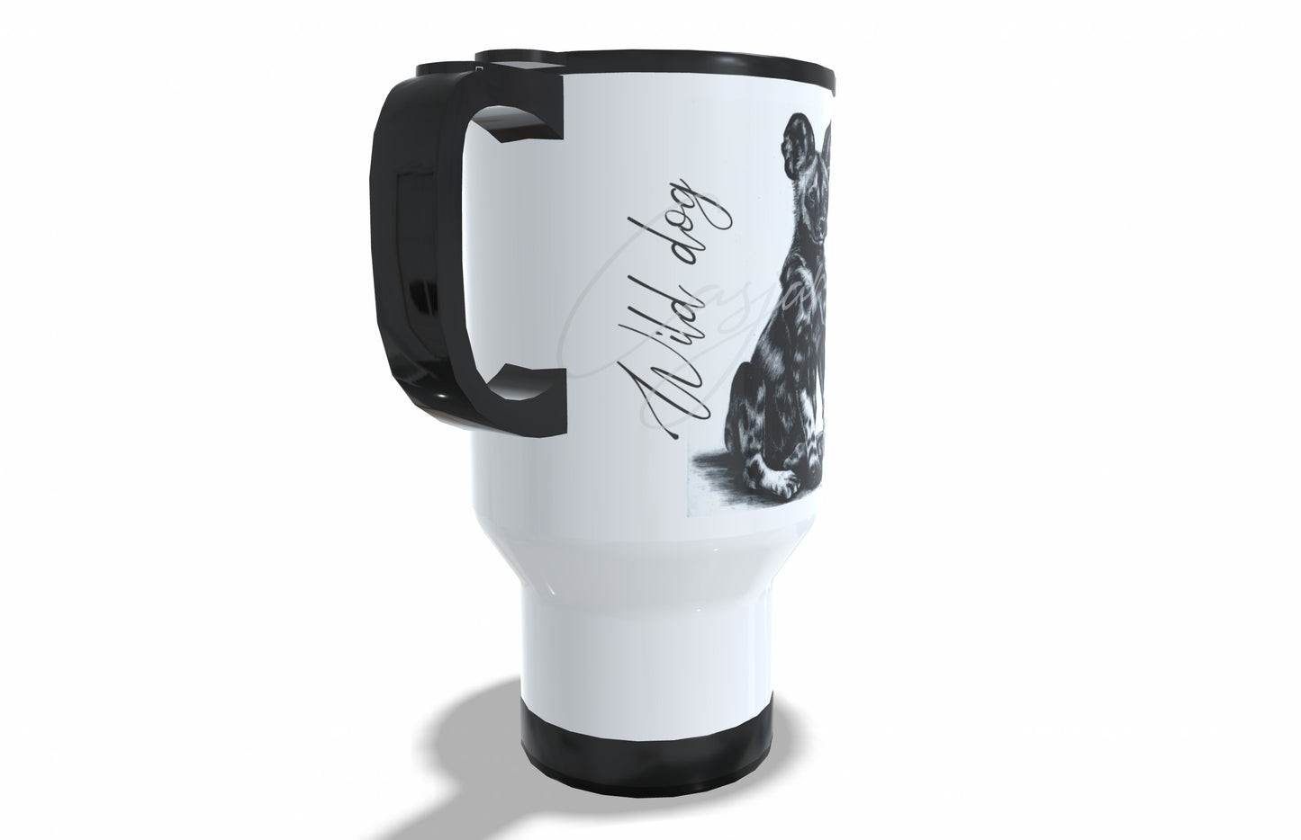 Wild Dog Stainless Steel Travel Mug left view - Hand-Drawn by Casjané du Plooy Art