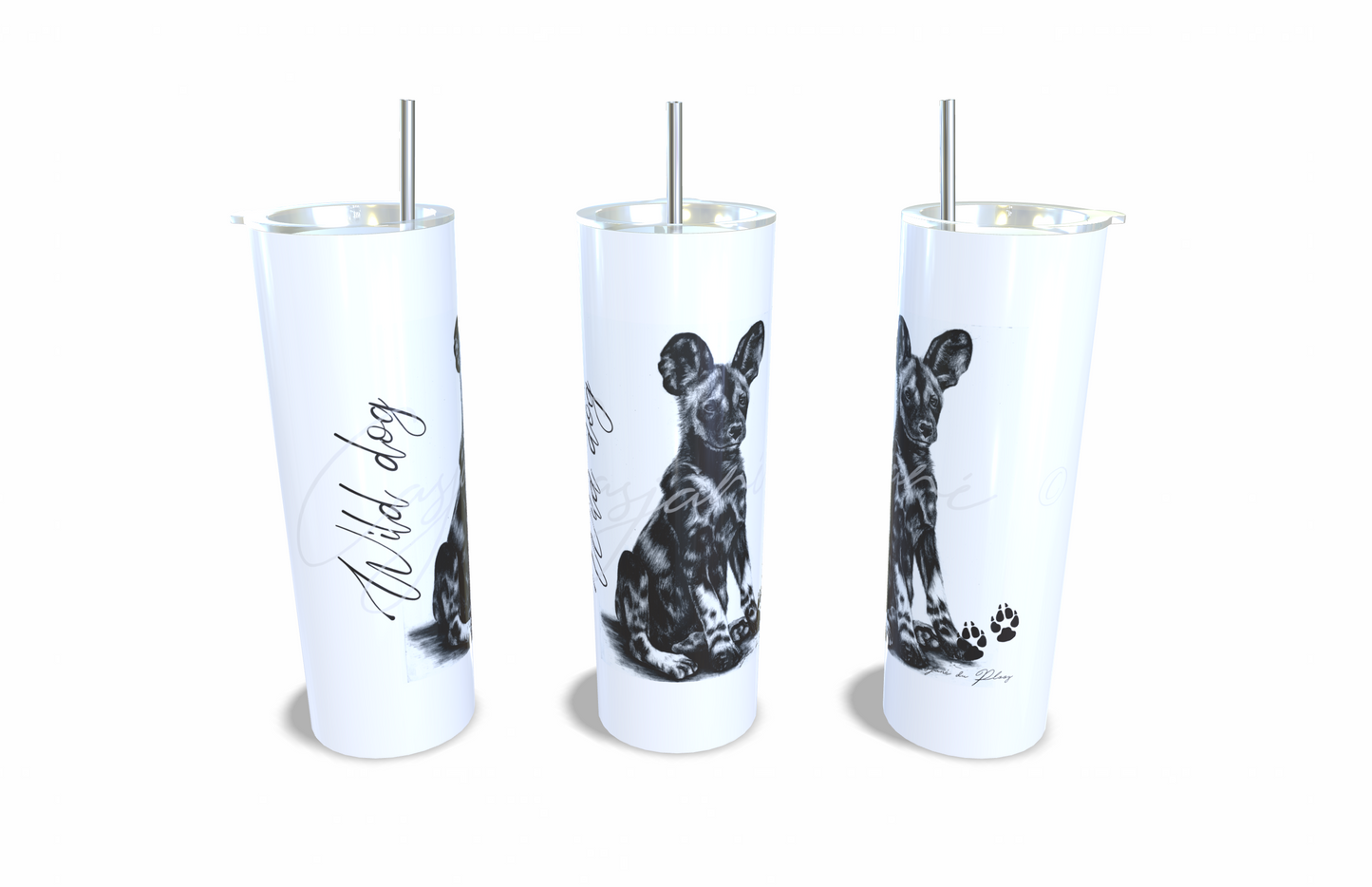 Wild dog 20oz Stainless Steel Tumbler full front view hand-drawn by Casjane du plooy art