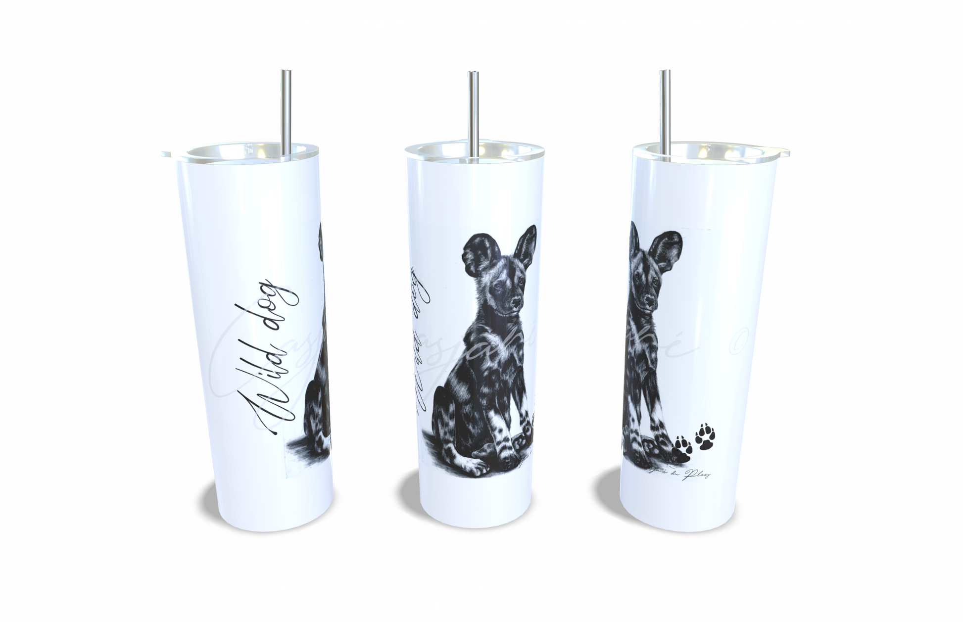 Wild dog 20oz Stainless Steel Tumbler full front view hand-drawn by Casjane du plooy art