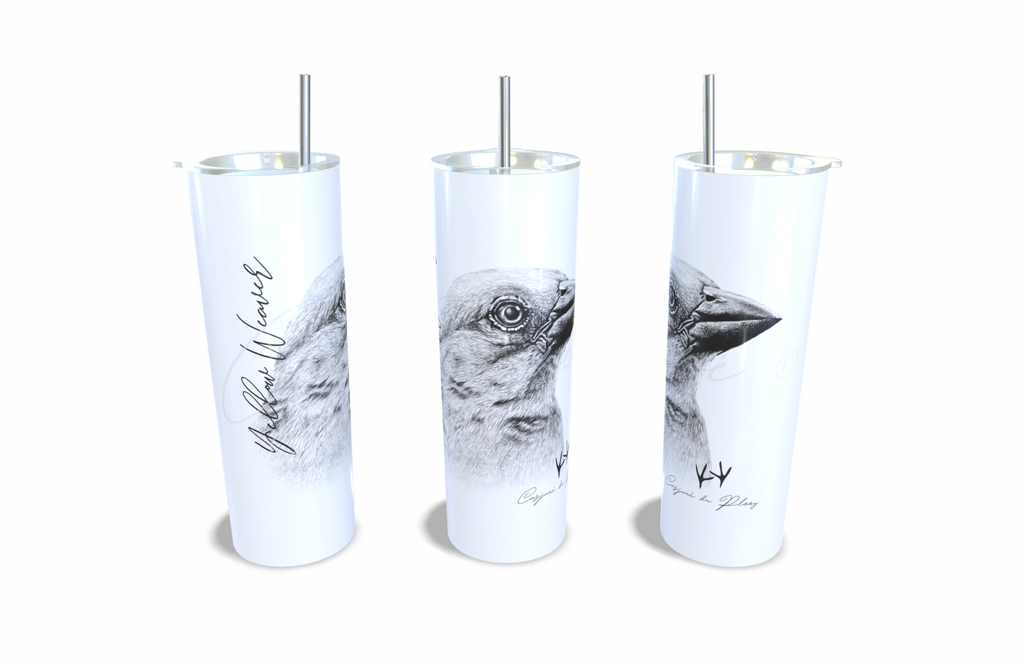 Yellow weaver 20oz Stainless Steel Tumbler full front view hand-drawn by Casjane du plooy art