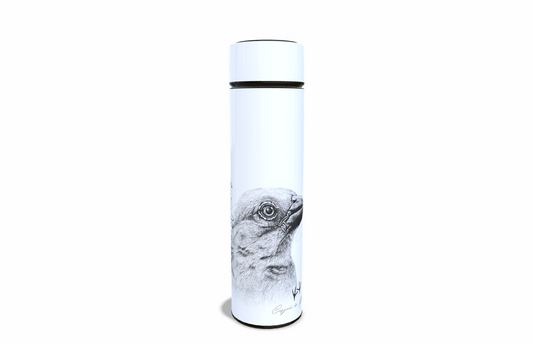 Yellow weaver 450ml Thermal flasks front view - Hand-Drawn by Casjané du plooy Art