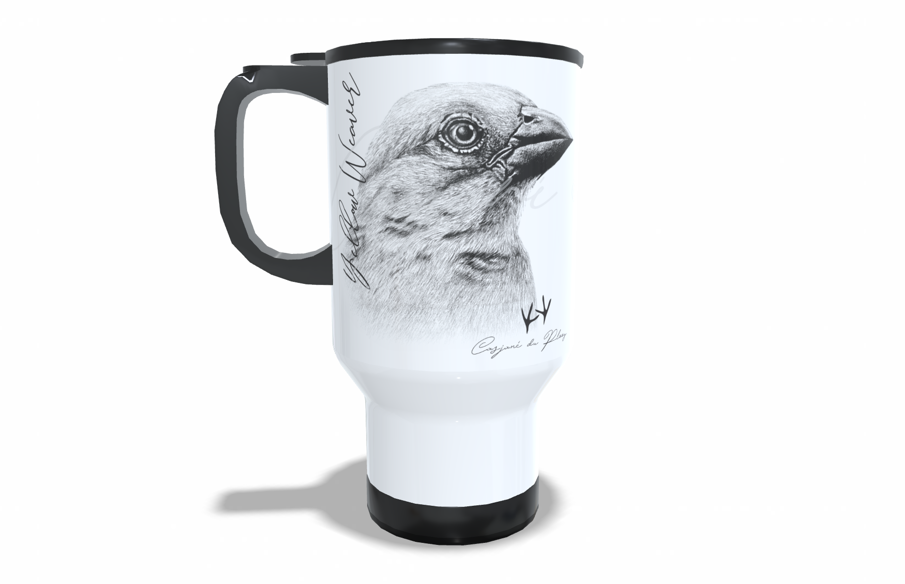 Yellow weaver Stainless Steel Travel Mug front view - Hand-Drawn by Casjané du Plooy Art