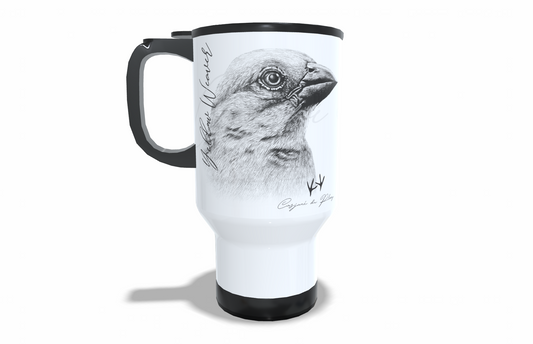 Yellow weaver Stainless Steel Travel Mug front view - Hand-Drawn by Casjané du Plooy Art