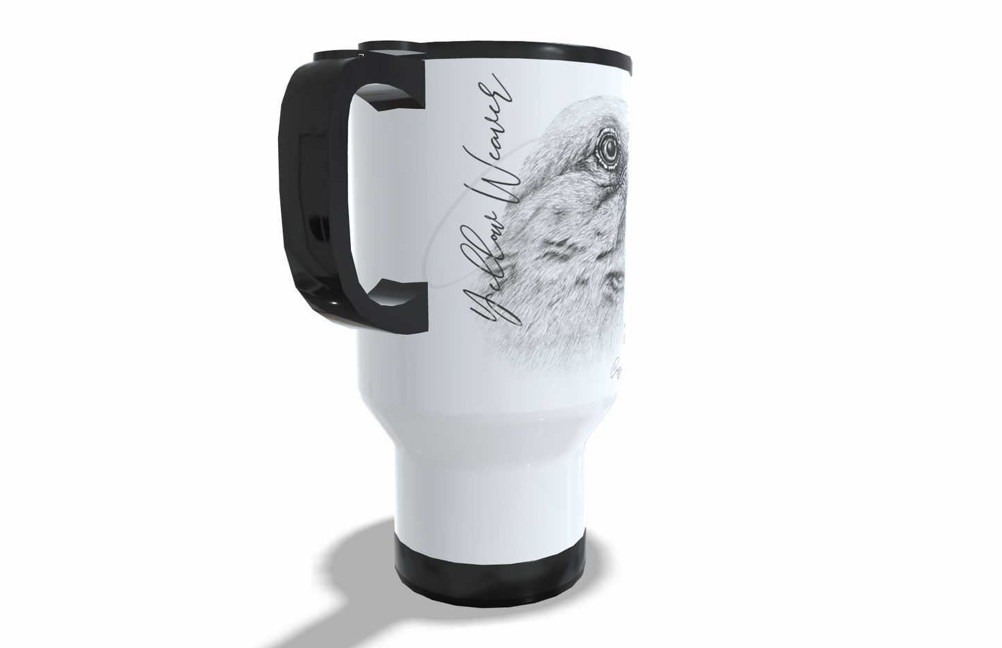 Yellow weaver Stainless Steel Travel Mug left view - Hand-Drawn by Casjané du Plooy Art