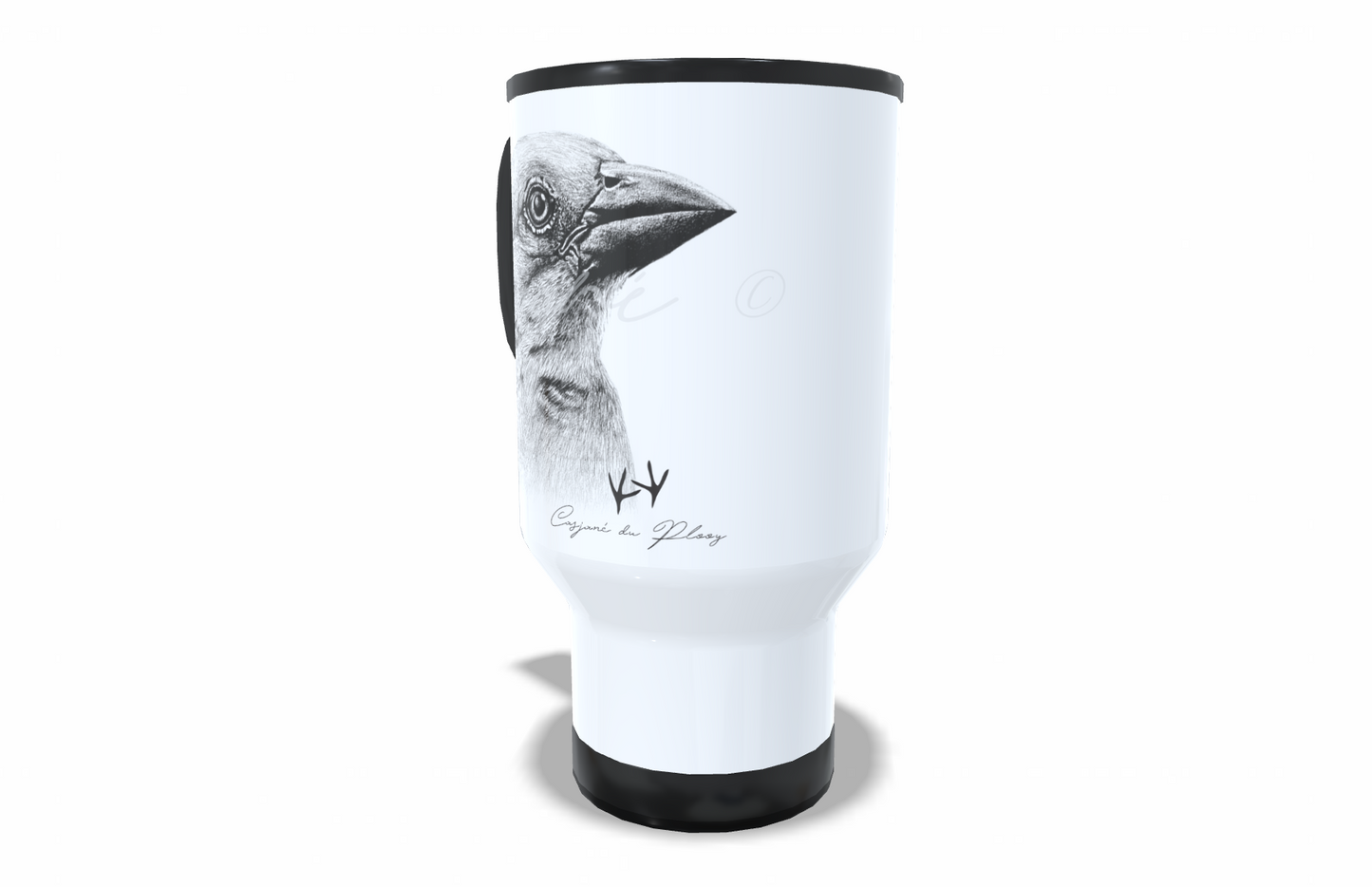 Yellow weaver Stainless Steel Travel Mug right view - Hand-Drawn by Casjané du Plooy Art