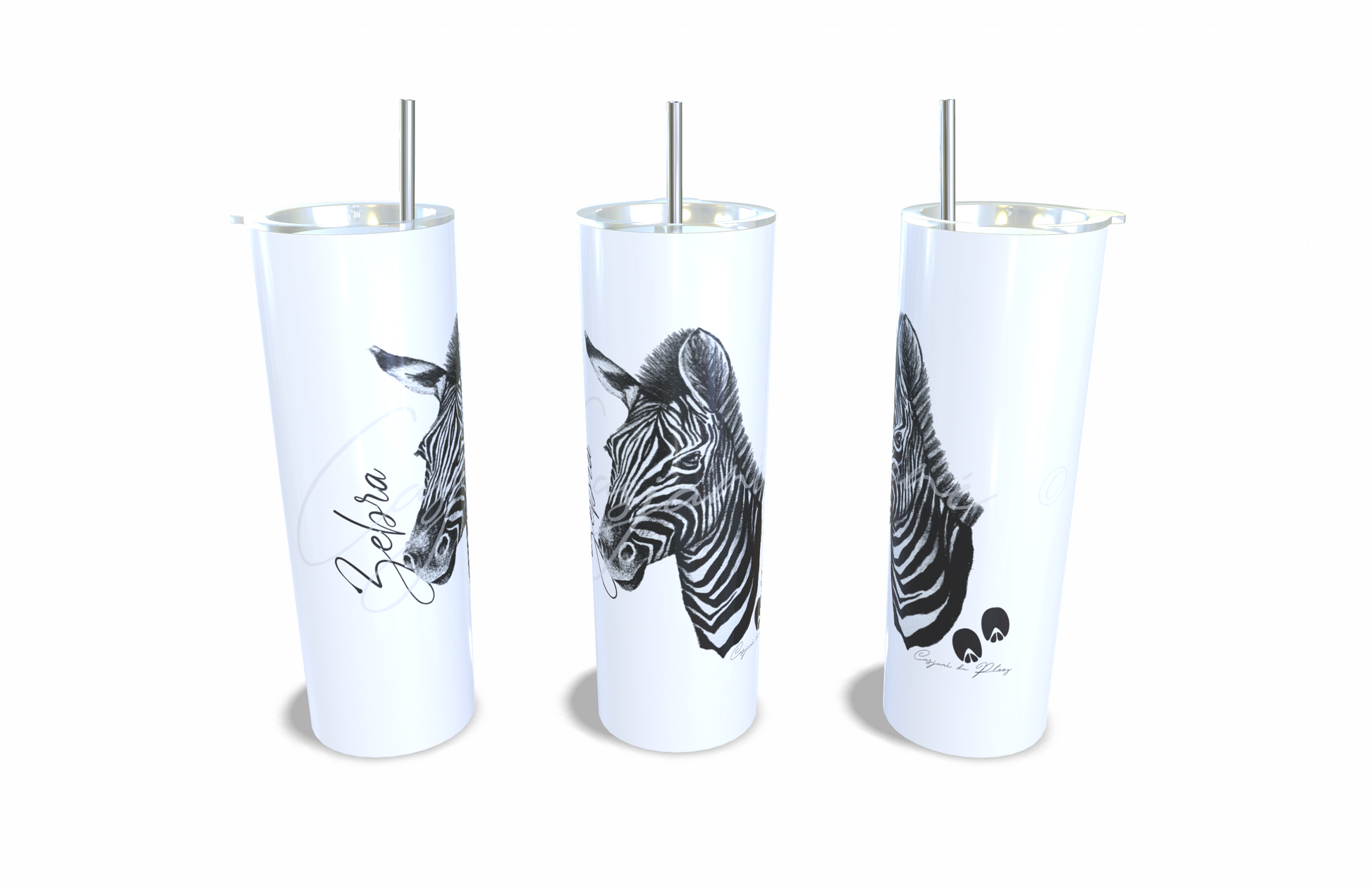 Zebra 20oz Stainless Steel Tumbler full front view hand-drawn by Casjane du plooy art