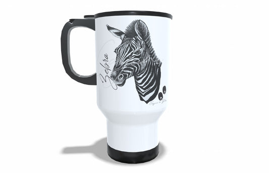 Zebra Stainless Steel Travel Mug front view - Hand-Drawn by Casjané du Plooy Art