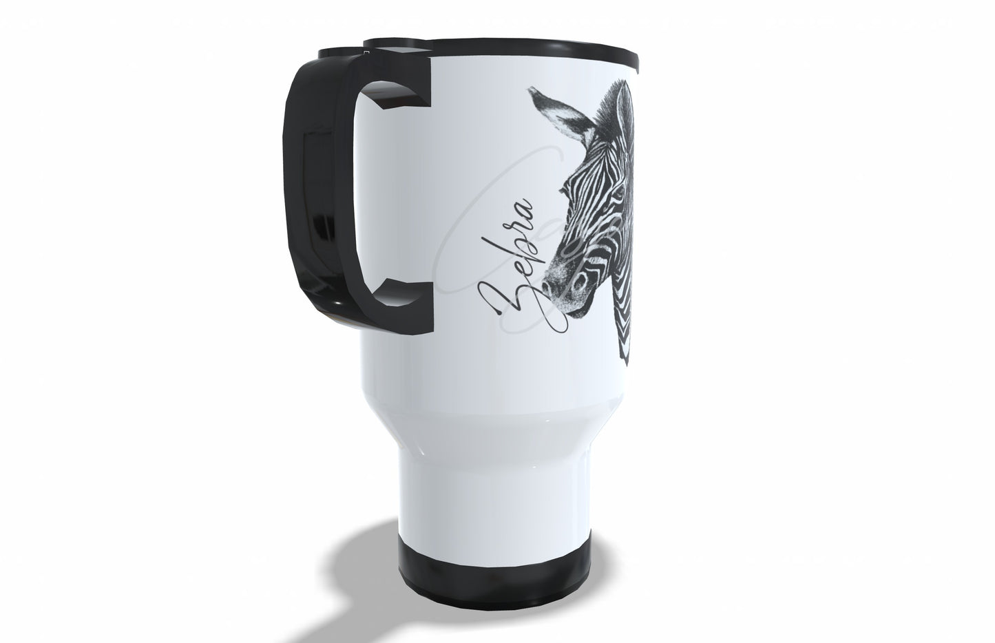 Zebra Stainless Steel Travel Mug left view - Hand-Drawn by Casjané du Plooy Art