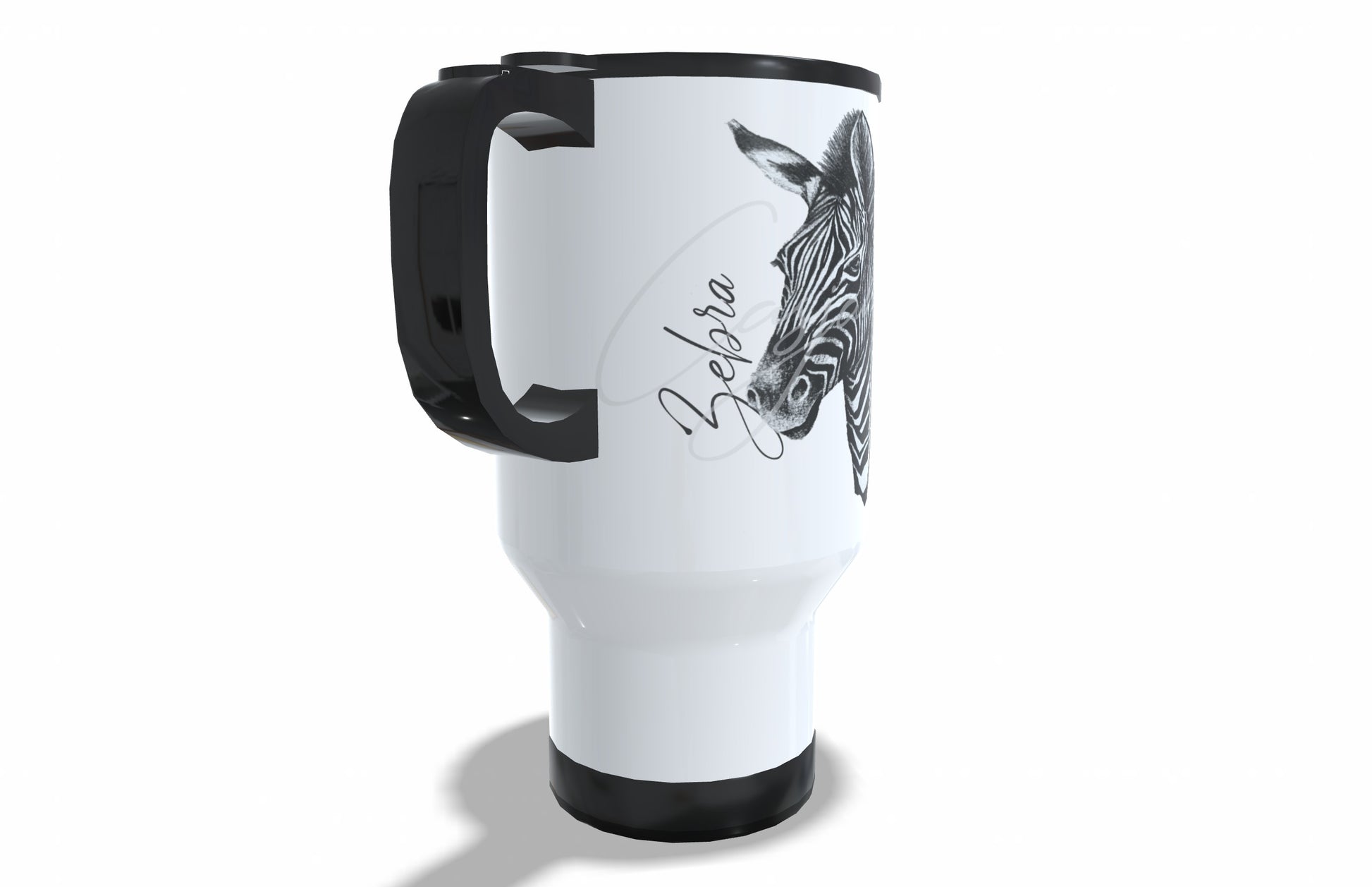 Zebra Stainless Steel Travel Mug left view - Hand-Drawn by Casjané du Plooy Art