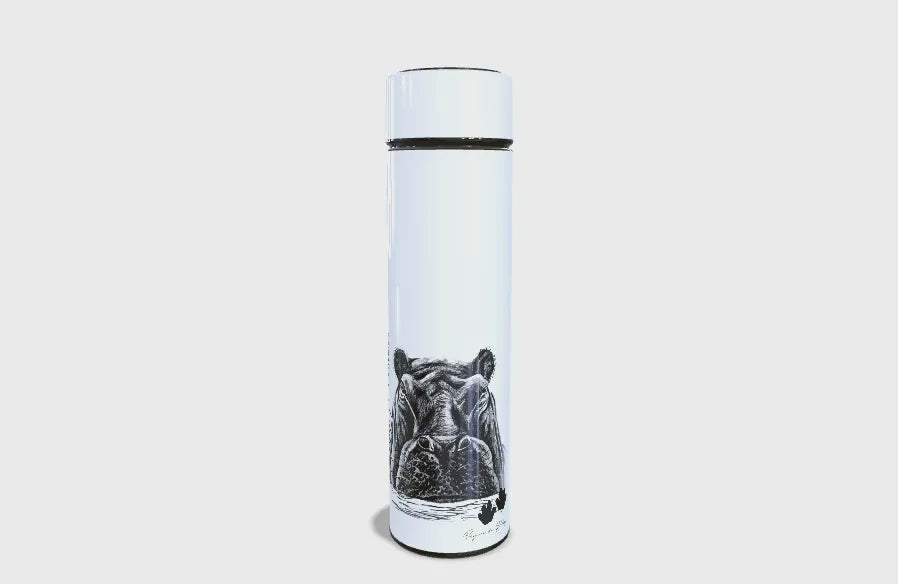 Hippopotamus 450ml Thermal flasks front view rotating video - Hand-Drawn by Casjané du plooy Art