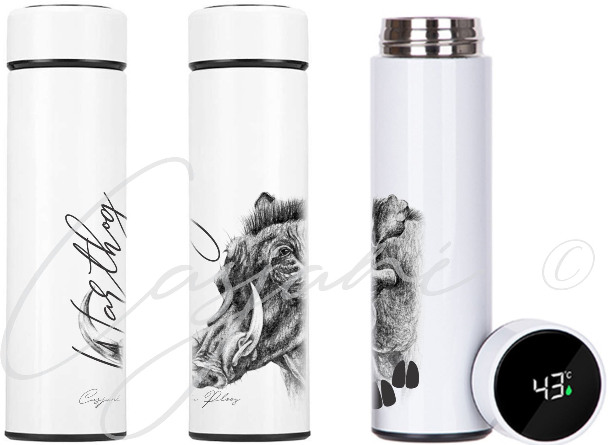 Warthog 450ml Thermal flasks front view - Hand-Drawn by Casjané du plooy Art